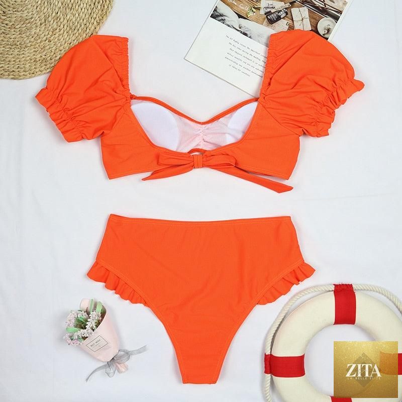 Stevvex high waist 2-piece bikini set with puff sleeves, solid color, backless design, perfect for summer beachwear.