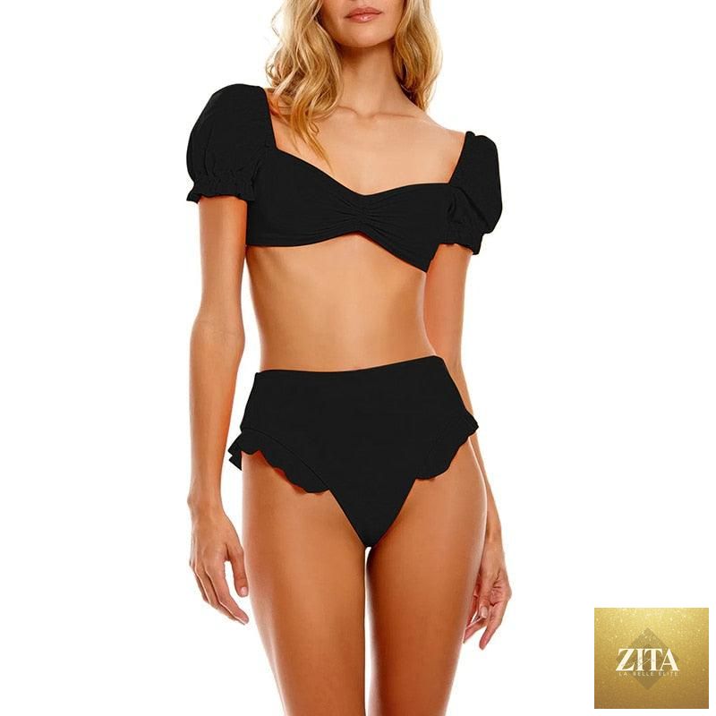 Stevvex women's high waist bikini set with puff sleeves, solid color, backless design, perfect for summer beachwear and swimming.