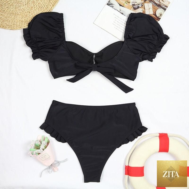 Stevvex women's high waist bikini set with puff sleeves, solid color, backless design, perfect for summer beachwear and swimming.