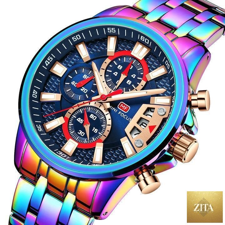 Stevvex men's quartz waterproof analog wristwatch with colorful dial, stainless steel case, and elegant design.