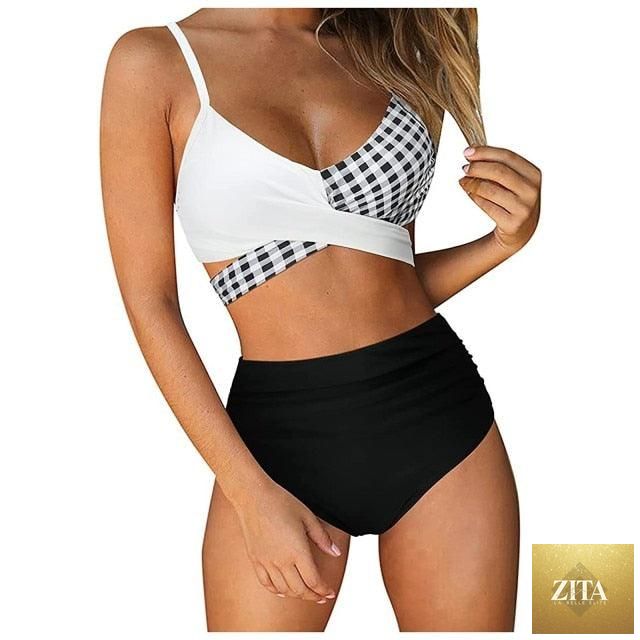 Stevvex modern floral bikini set with high waist, crisscross design, and string ties, featuring colorful flower print for women.