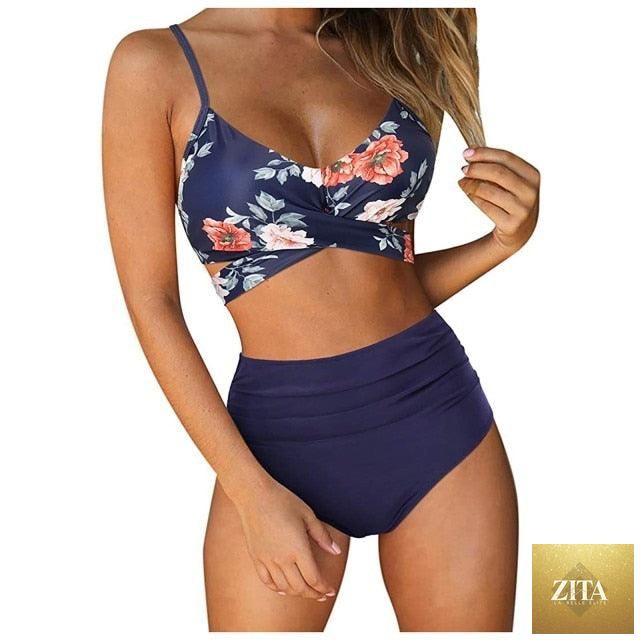 Stevvex modern floral bikini set with high waist, crisscross design, string ties, and vibrant flower print for women’s summer swimwear.