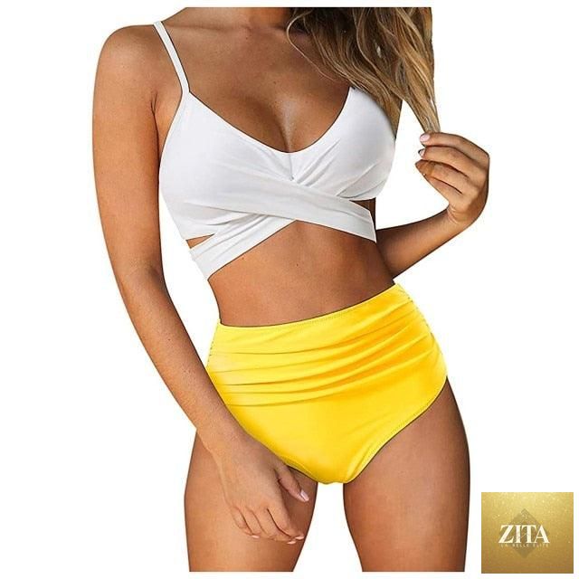 Stevvex modern floral bikini set for women, two-piece high waist swimsuit with crisscross design and flower print, summer beachwear