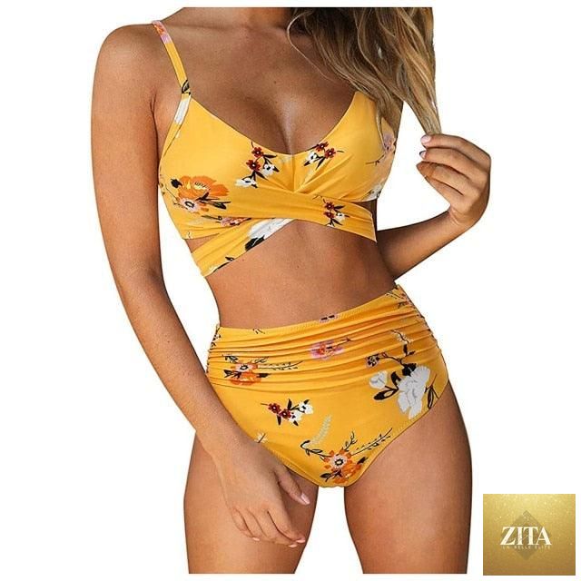 Stevvex modern floral bikini set with high waist, crisscross design, and string ties, featuring colorful flower print for women.