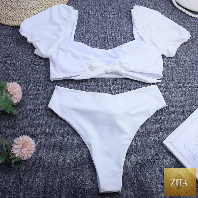 Stevvex women's high waist bikini set with puff sleeves, solid color, backless design, perfect for summer beachwear.