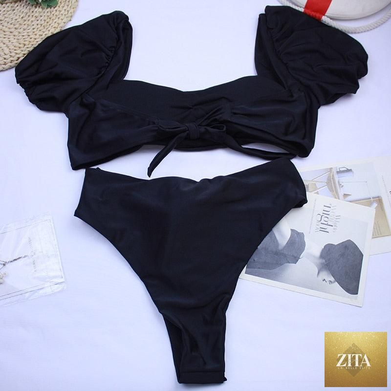 Stevvex high waist 2-piece bikini set with puff sleeves, solid color, backless design, perfect for summer beachwear.