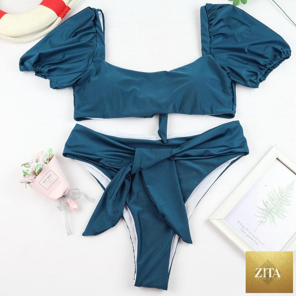 Stevvex women's high waist bikini set with puff sleeves, solid color, backless design, perfect for summer beachwear and swimming.