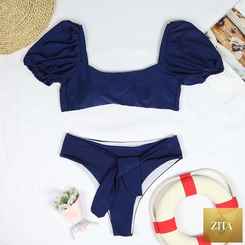 Stevvex women's high waist bikini set with puff sleeves, solid color, cut-back design, perfect for summer beachwear and swimming.