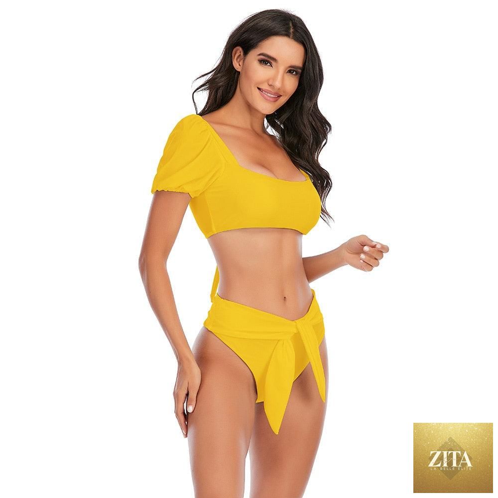 Stevvex 2-piece women's high waist bikini set with puff sleeves, solid color, backless design, perfect for summer beachwear.