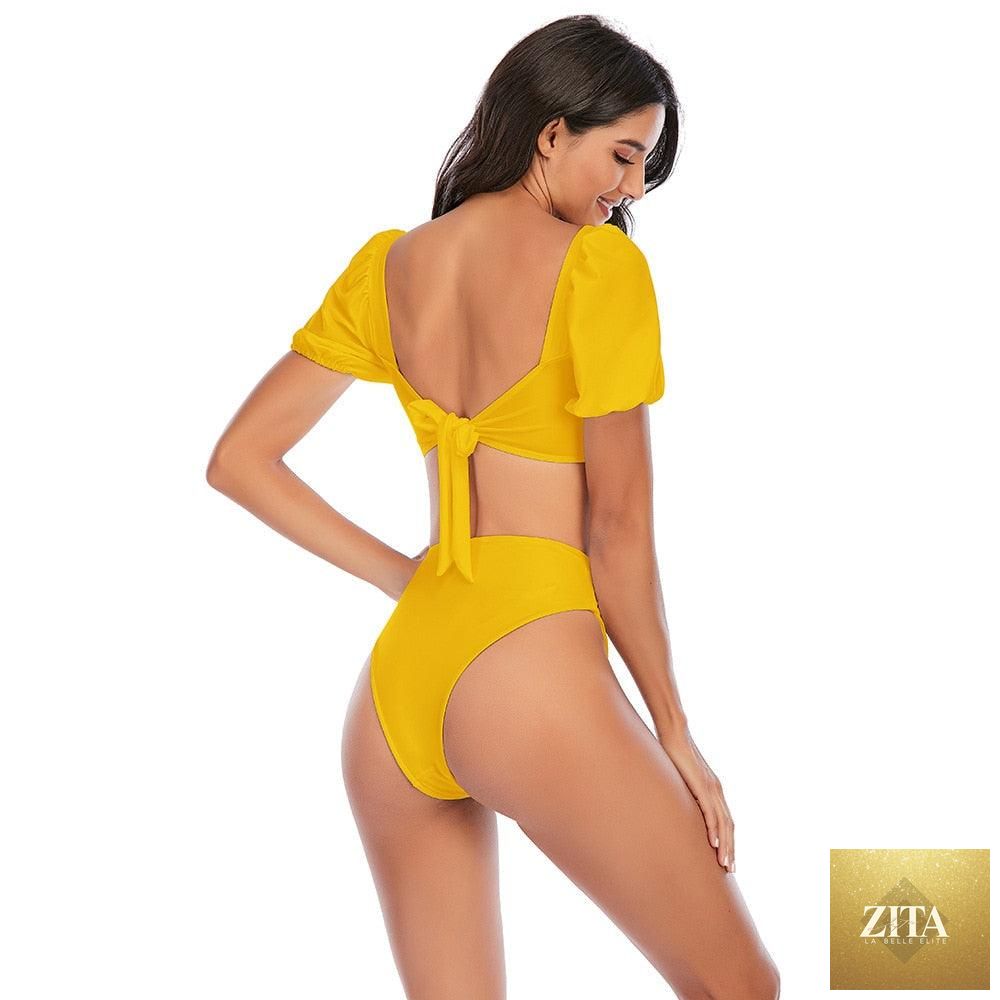 Stevvex high waist 2-piece bikini set with puff sleeves, solid color, backless design, perfect for summer beachwear and swimming.
