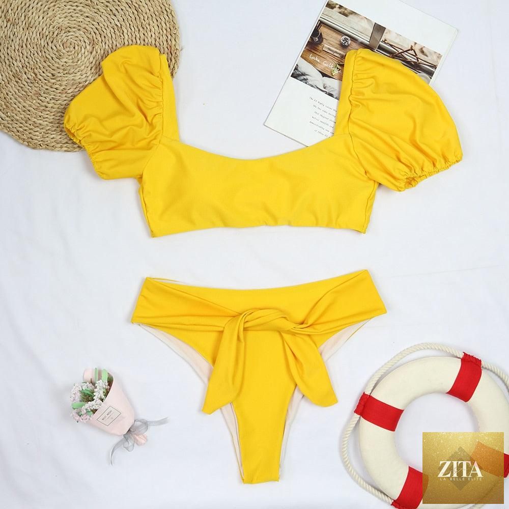 Stevvex women's high waist bikini set with puff sleeves, solid color, backless design, perfect for summer beachwear.