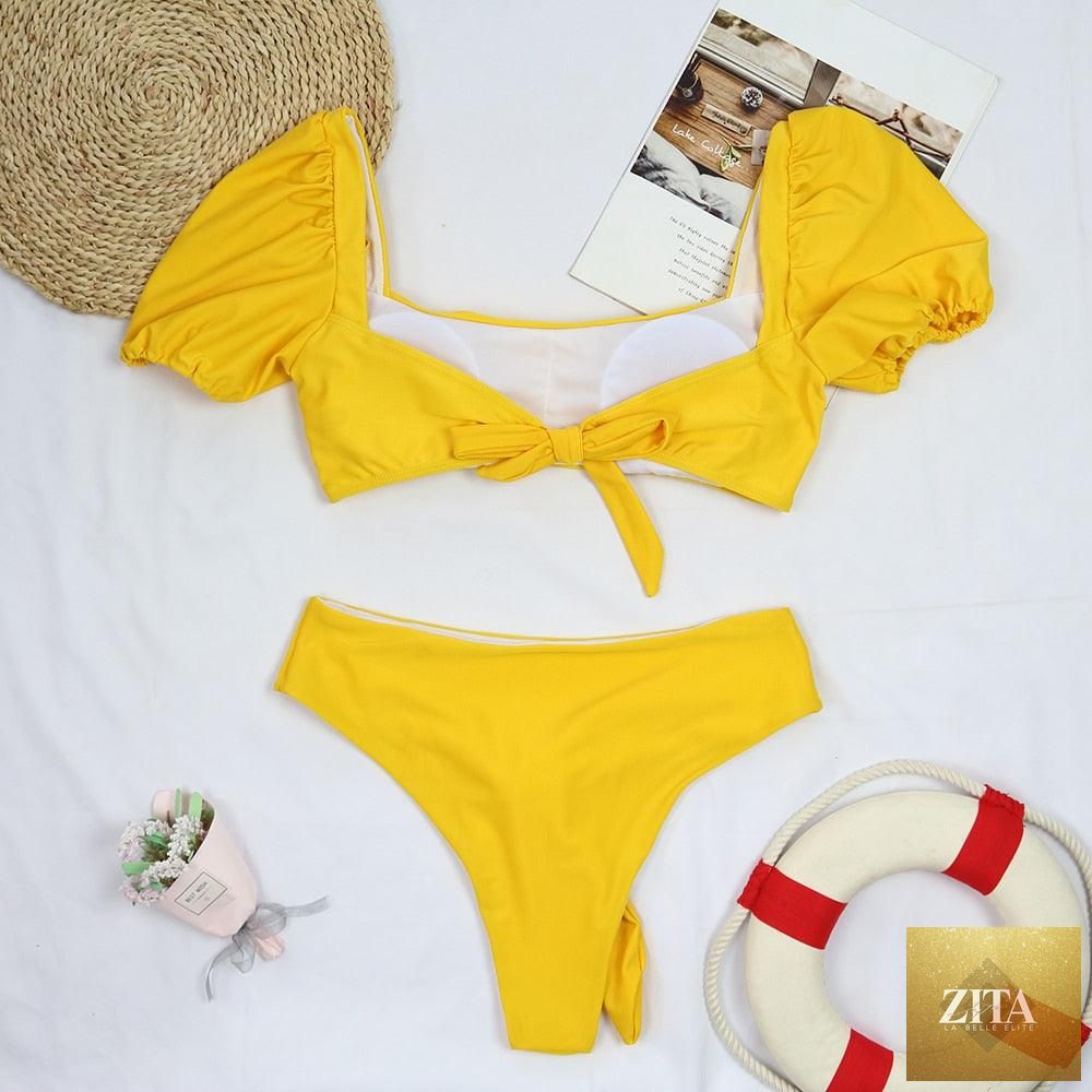 Stevvex women's high waist bikini set with puff sleeves, solid color, backless design, perfect for summer beachwear and swimming.