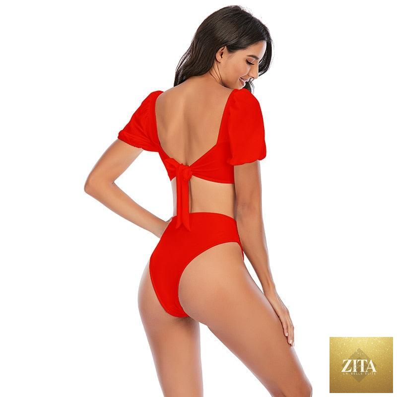 Stevvex high waist bikini set for women with puff sleeves, solid color, backless design, ideal for summer beachwear and swimming.