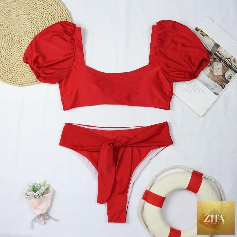 Stevvex women's high waist bikini set with puff sleeves, solid color, backless design, perfect for summer beachwear.