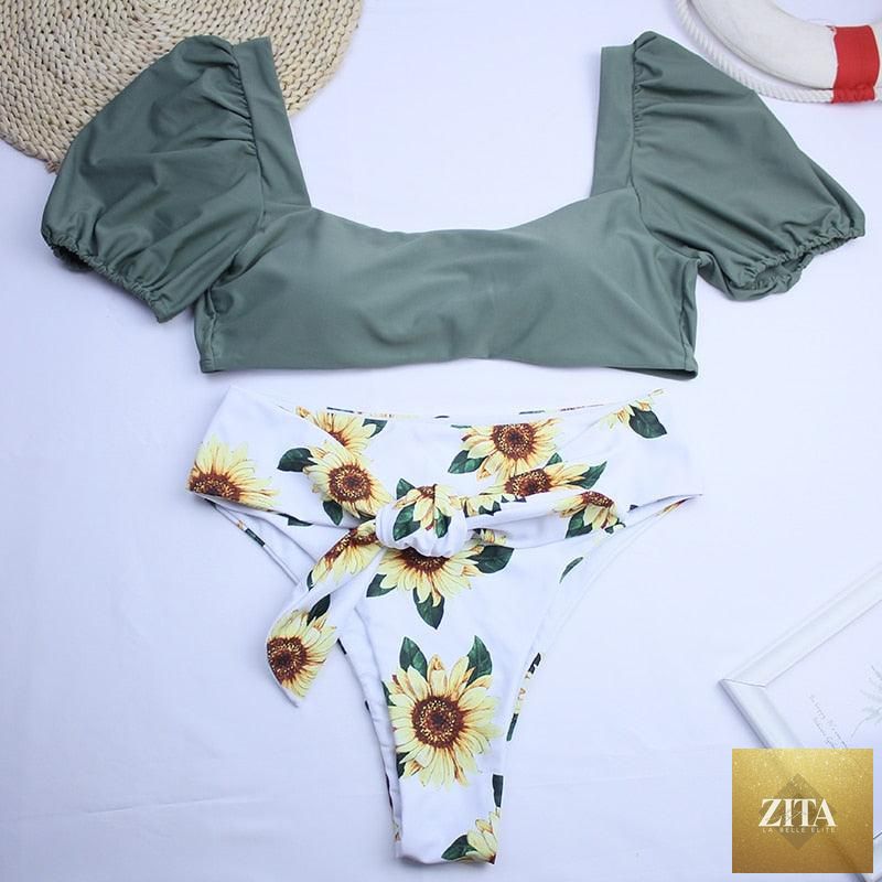 Stevvex high waist bikini set for women with puff sleeves, solid color, backless design, perfect for summer beachwear and swimming.