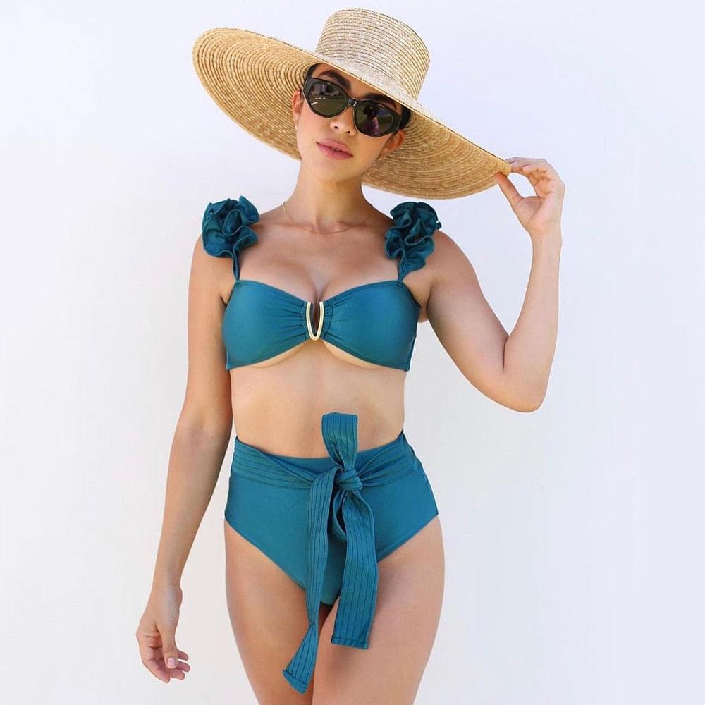 Stevvex two-piece women's push-up padded bikini set with ruffles, bandage design, low rise swimwear, perfect for beachwear.