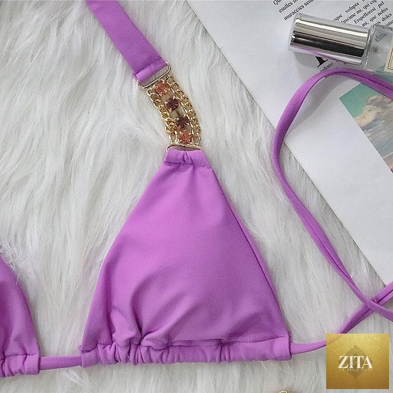 Stevvex luxury purple crystal diamond bikini for women, halter style with rhinestones, low waist, tie side bikini swimwear set.
