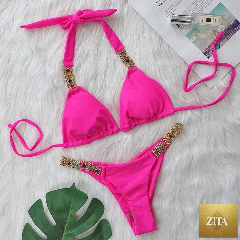 Luxury purple Stevvex bikini set with halter top, rhinestones, low waist tie sides, crystal accents, and two-piece swimwear design.