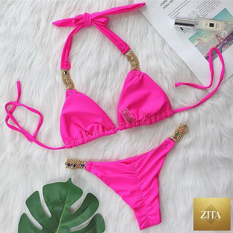 Luxury purple crystal diamond bikini set for women, halter style with rhinestones, low waist tie side swimwear from Stevvex.