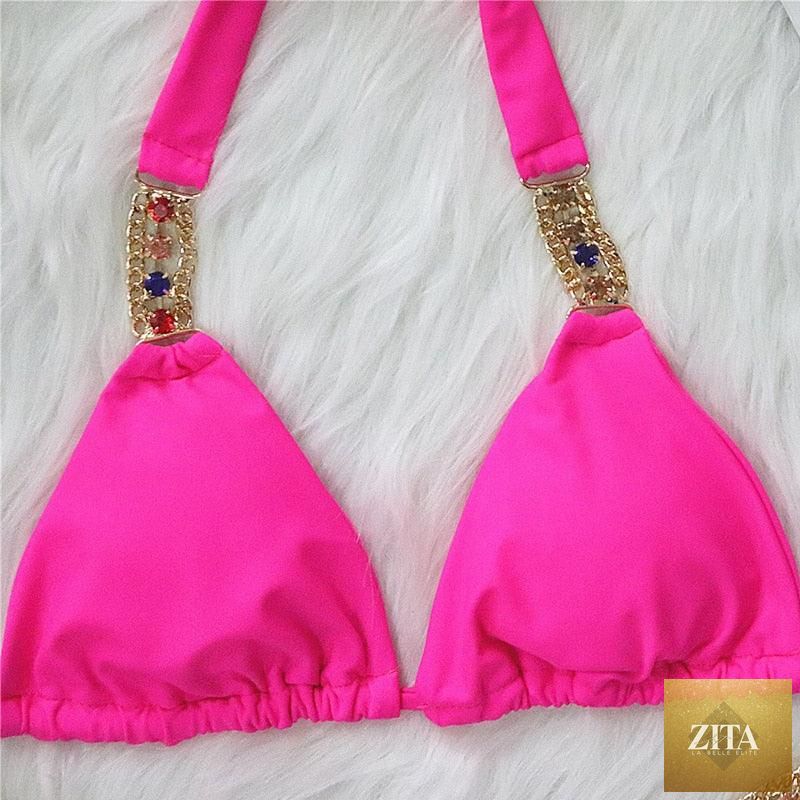 Luxury purple crystal diamond bikini set for women, halter style with rhinestone accents, low waist tie-side swimwear by Stevvex.