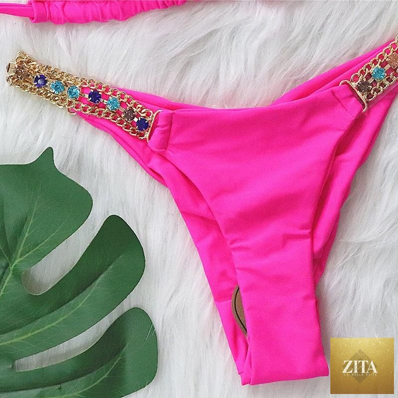 Luxury purple crystal diamond bikini for women, halter style, low waist, tie sides, rhinestone embellishments, two-piece swimwear by Stevvex.