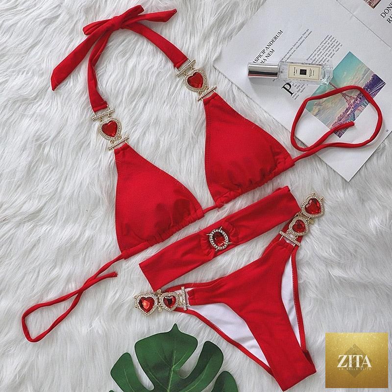 Luxury purple crystal diamond bikini set by Stevvex featuring halter style, low waist, tie sides, and rhinestone embellishments for women.
