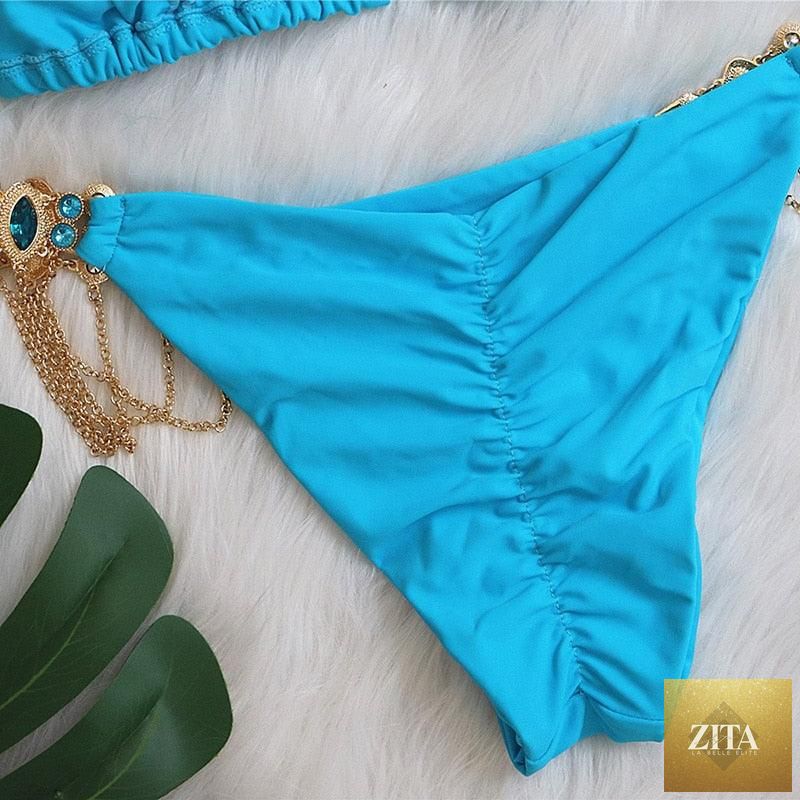 Luxury purple halter diamond bikini for women, rhinestone bikini set with low waist and tie sides, stylish swimwear by Stevvex