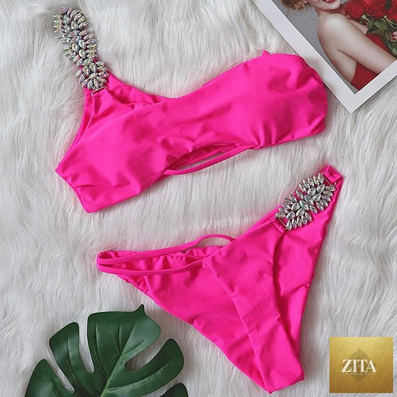 Luxury purple crystal diamond bikini for women, halter style, low waist, tie sides, two-piece swimwear by Stevvex with rhinestone accents.