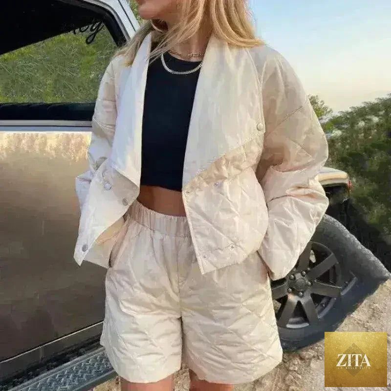 Femstylo quilted high waist shorts and crop jacket set, stylish matching outfit with padded design and trendy high-rise fit.