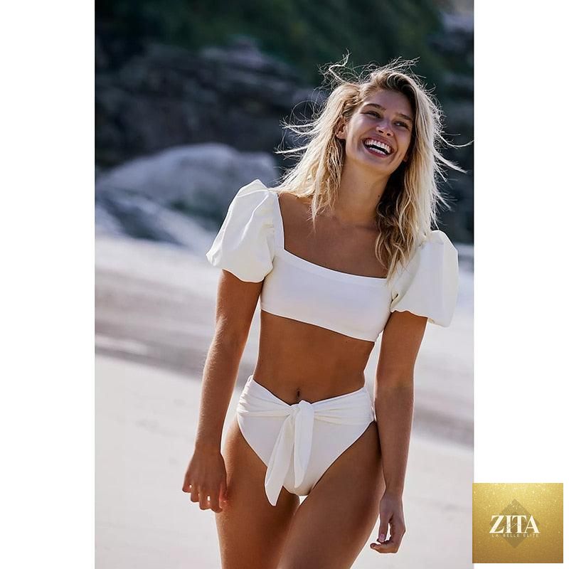 Stevvex women's high waist bikini set with puff sleeves, solid color, cut backless design, perfect for summer beachwear.