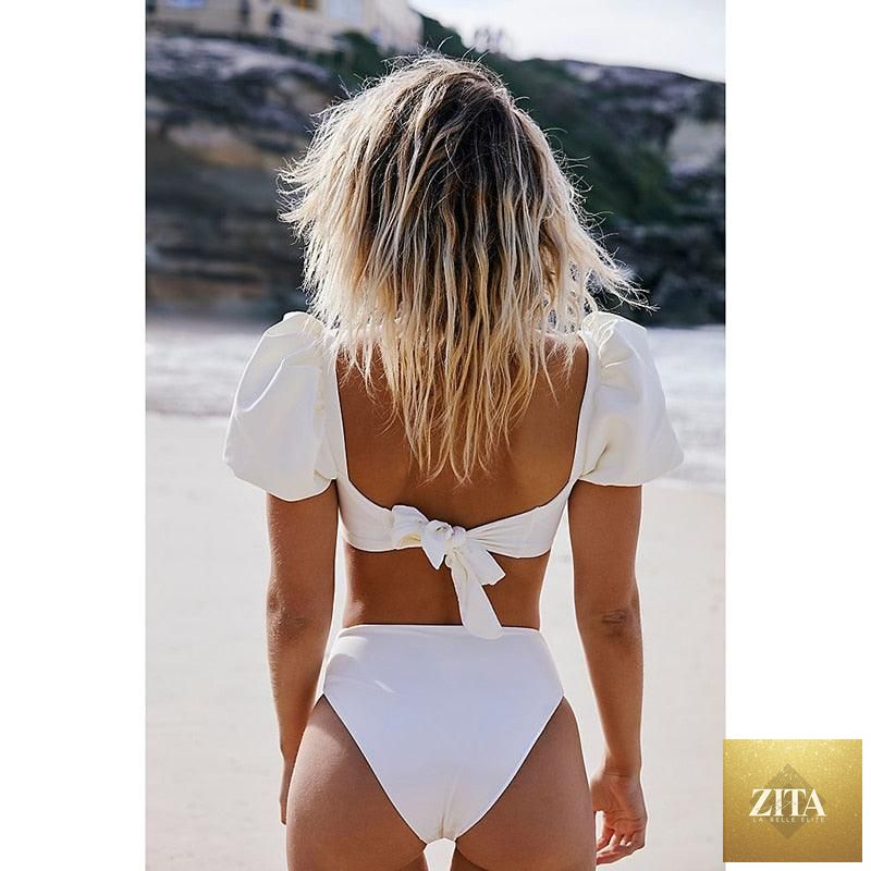 Stevvex women's high waist bikini set with puff sleeves, solid color, backless design, perfect for summer beachwear and swimming.