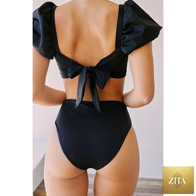 Stevvex 2-piece high waist bikini set with puff sleeves, solid color, backless design, perfect for summer beachwear.