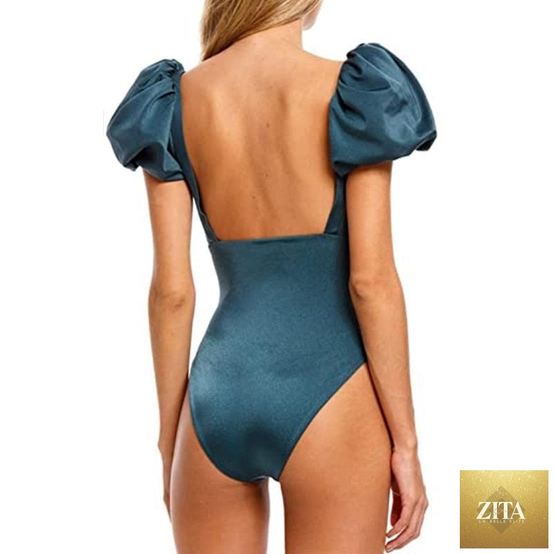 Stevvex high waist two-piece bikini set with puff sleeves, solid color, backless design, perfect for summer beachwear and swimming.