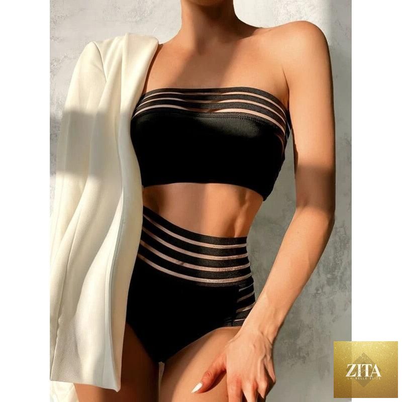 Luxury Stevvex women's black high waist bikini set with push-up design, two-piece bandage swimwear for beach and pool.