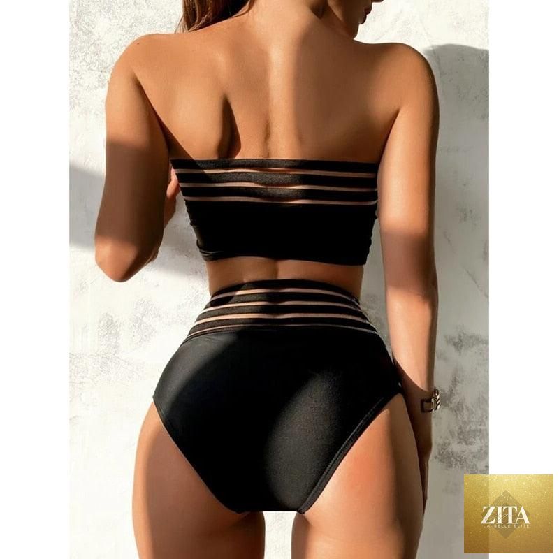 Stevvex luxury women's black high-waist bikini set with push-up design, two-piece swimsuit for beach and swimming.