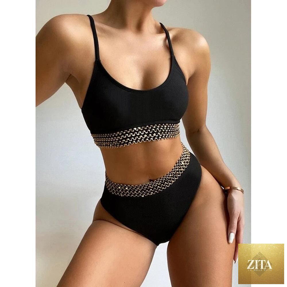 Stevvex luxury women's black high waist bikini set with push-up design, two-piece bandage swimsuit for beach and swimwear fashion.
