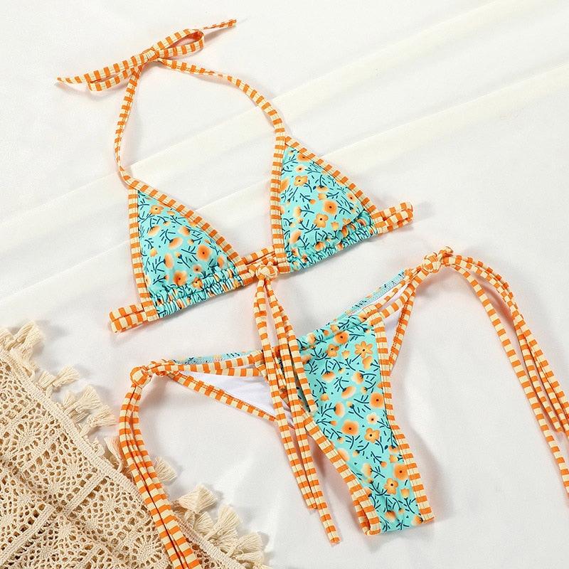 Luxury Stevvex women's summer bikini set with ribbed triangle top, self-tie design, charming bottoms, perfect for beach swimming.