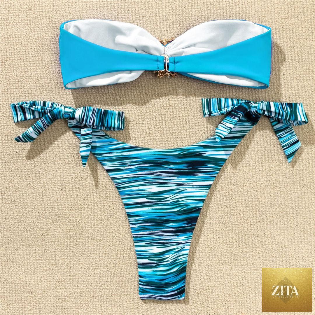Shiny rhinestone strapless bikini set for women with diamond embellishments, two-piece luxury swimwear by Stevvex.