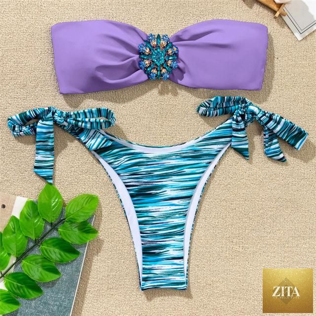 Shiny rhinestone strapless bikini set for women featuring a two-piece diamond bikini with luxury swimwear design.
