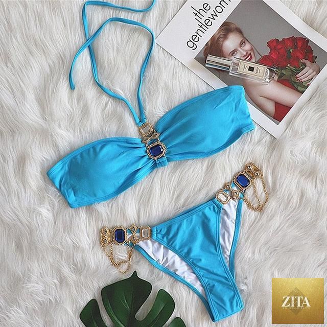 Luxury purple crystal diamond bikini set for women, halter style with rhinestones, low waist, tie-side swimwear by Stevvex.