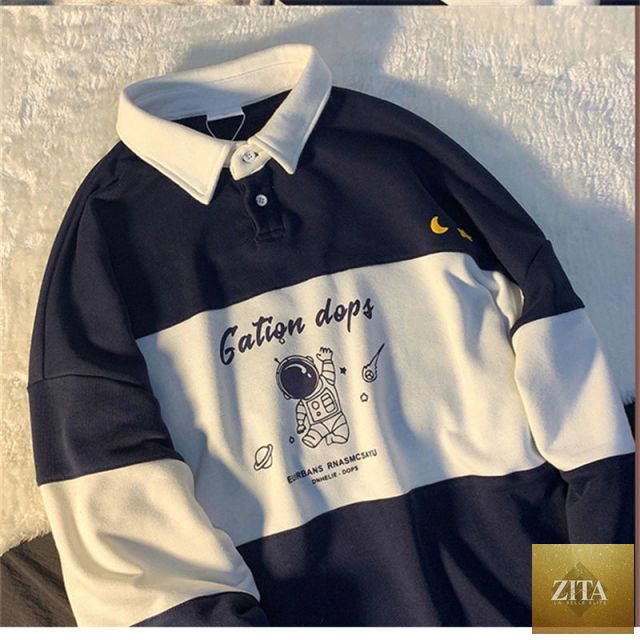 Oversized polo collar sweatshirt with letter print, long sleeves, loose fit, button details, by nowadaysfashion.