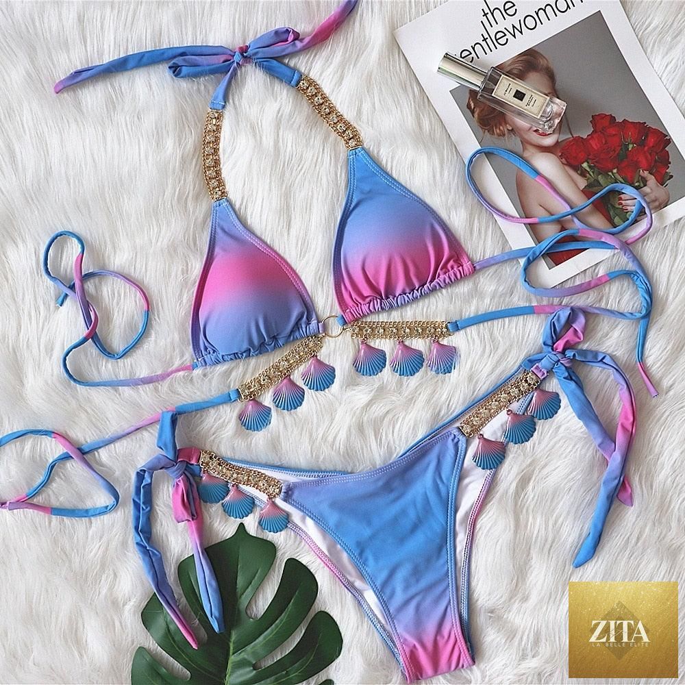 Stevvex luxury diamond bikini set with halter top and crystal side bottom, strappy swimwear for women’s beach and summer swimming.