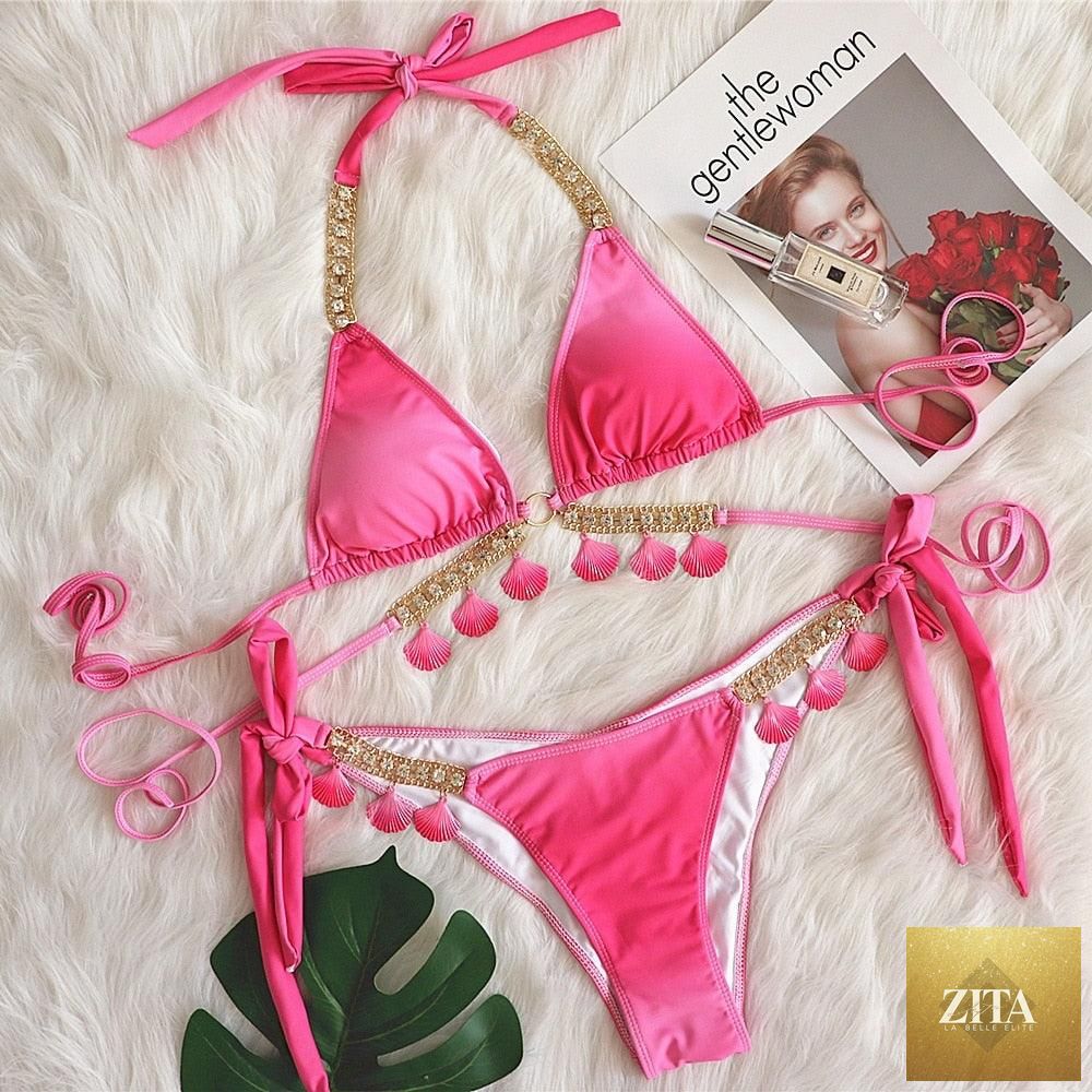 Stevvex luxury diamond bikini set featuring halter top, crystal side bottoms, and strappy triangle design for women’s beachwear.