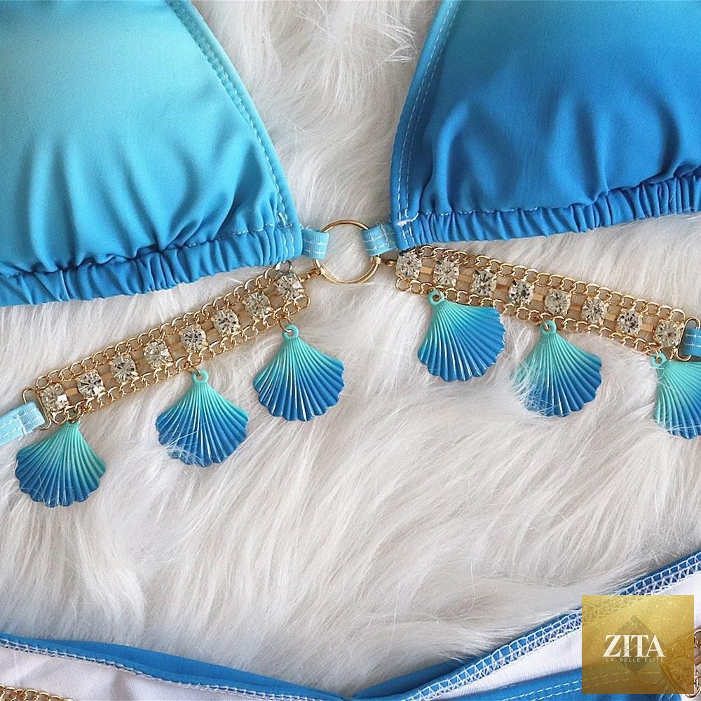 Stevvex luxury diamond bikini set with halter top and crystal side bottoms, perfect for summer beach parties and swimwear.