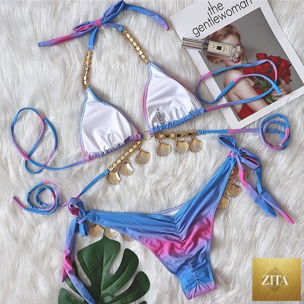Stevvex luxury diamond bikini with halter top, push-up design, crystal accents, strappy sides, and triangle bottoms for women’s beachwear