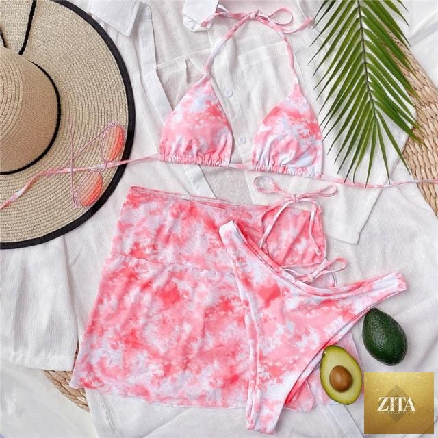 Stevvex 3-piece women's bikini set with high cut, halter top, wrap skirt, lace-up details, triangle backless design, swimwear for women.