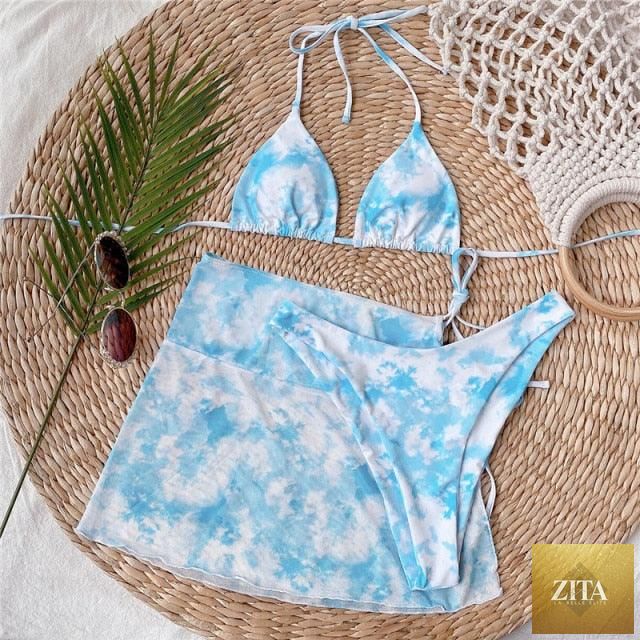 Stevvex 3-piece women's bikini set with high-cut, halter top, wrap skirt, lace-up details, backless design, perfect for beachwear
