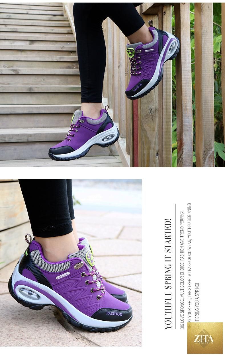Women’s Stevvex running athletic sneakers with air cushion, breathable mesh, lace-up design, high platform, suitable for walking and gym.