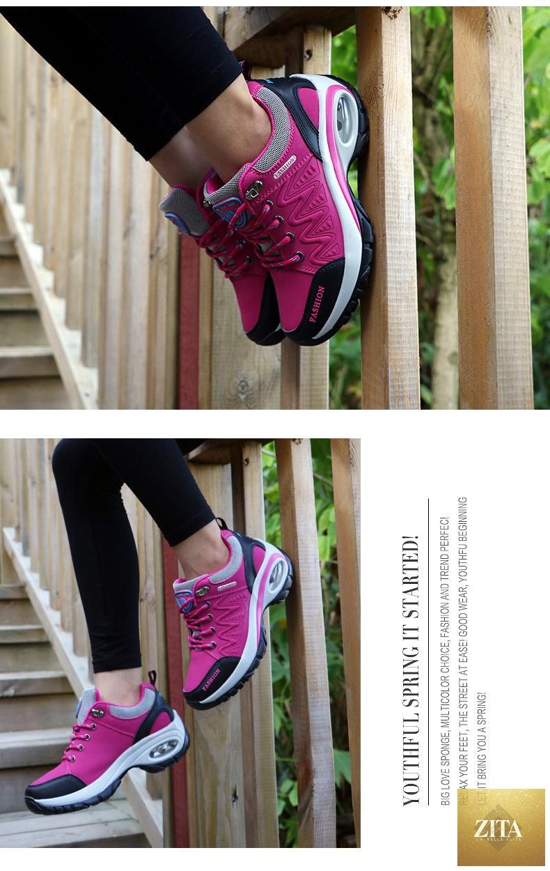 Women’s Stevvex running athletic sneakers with air cushion, breathable mesh, lace-up design, hight platform, ideal for walking and sports.