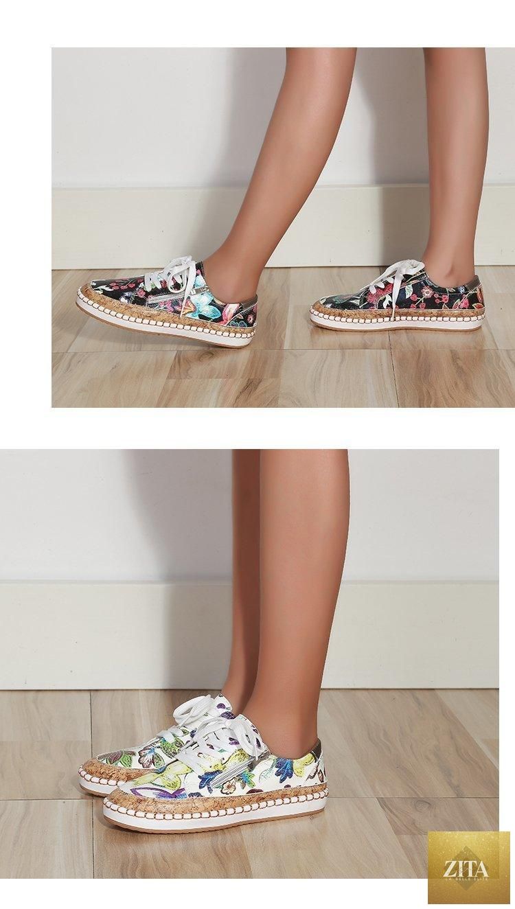 Women's white casual sneakers with colorful flower print, lace-up design, suitable for summer walking and everyday wear.